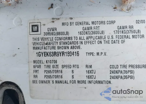 2000 Cadillac Escalade Standard from USA, damaged, VIN 1GYEK63R9YR180416